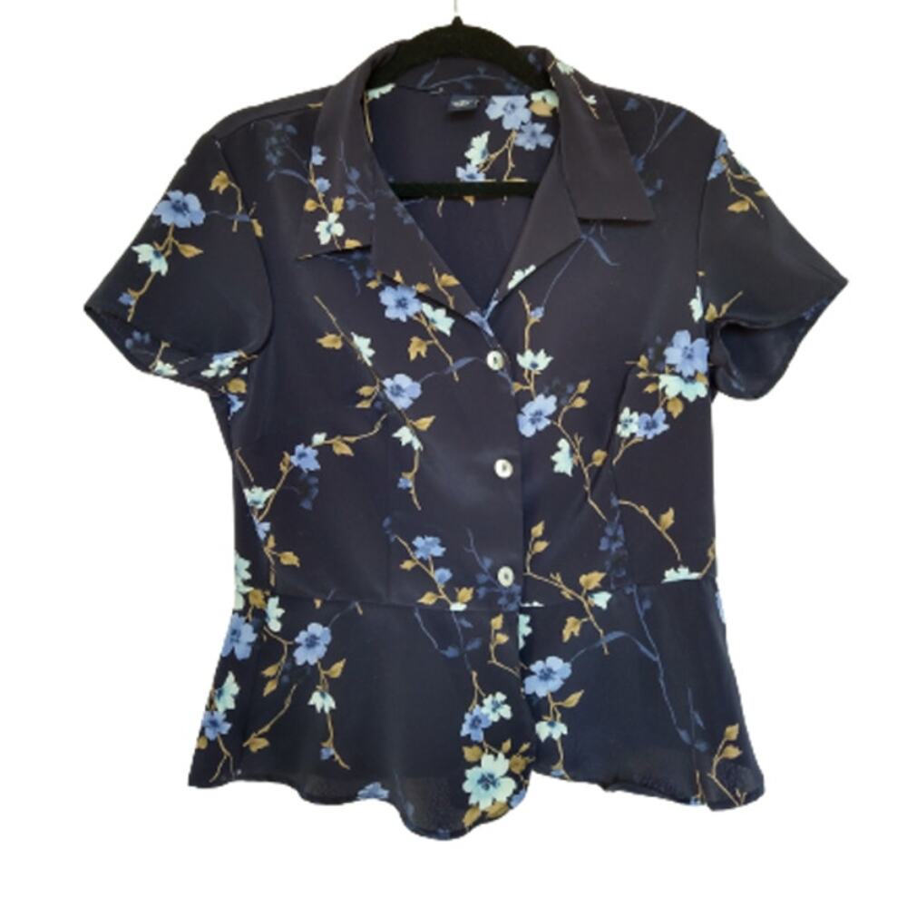 Floral Peplum Blouse Navy Blue Button Up Short Sleeve Womens 12